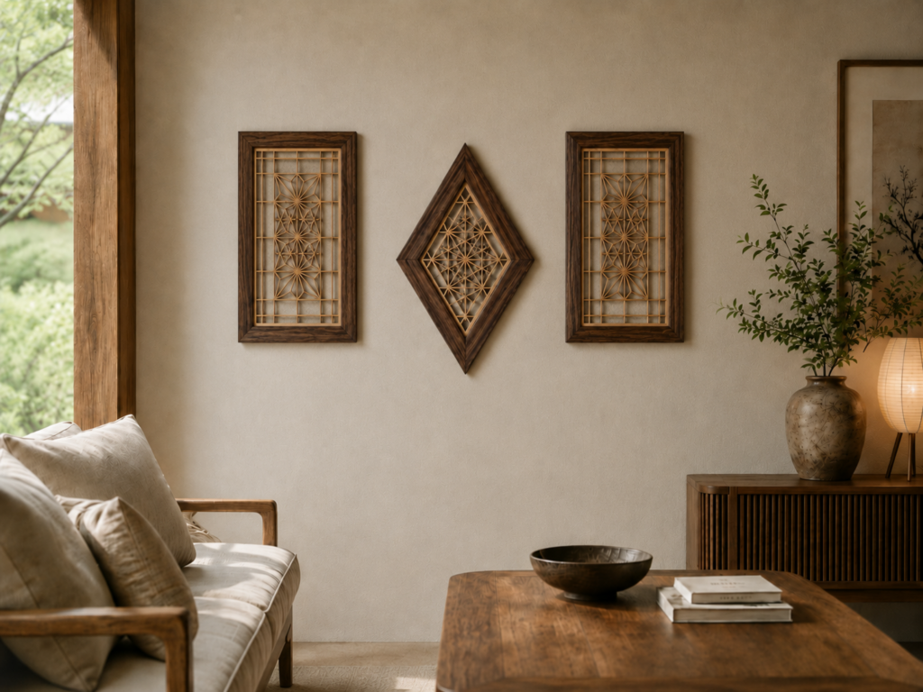 Three handcrafted Kumiko wall art panels in walnut frames displayed in a warm, Japanese-inspired living room.
