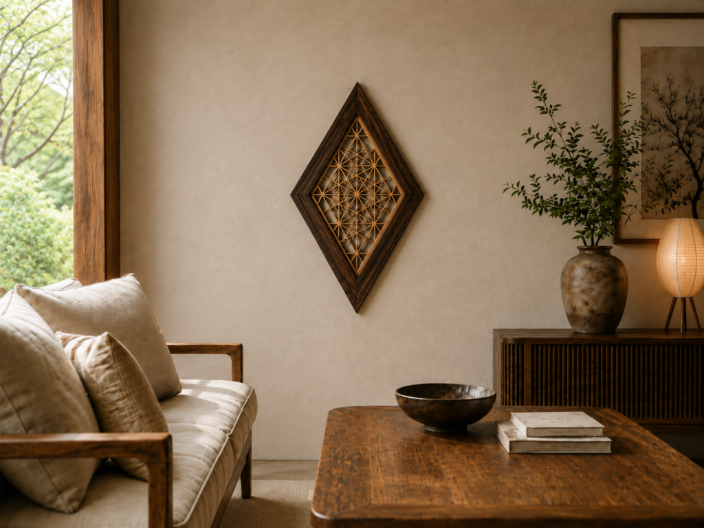 Handcrafted diamond-shaped Kumiko wall art in a walnut frame displayed in a warm, Japanese-inspired living room.