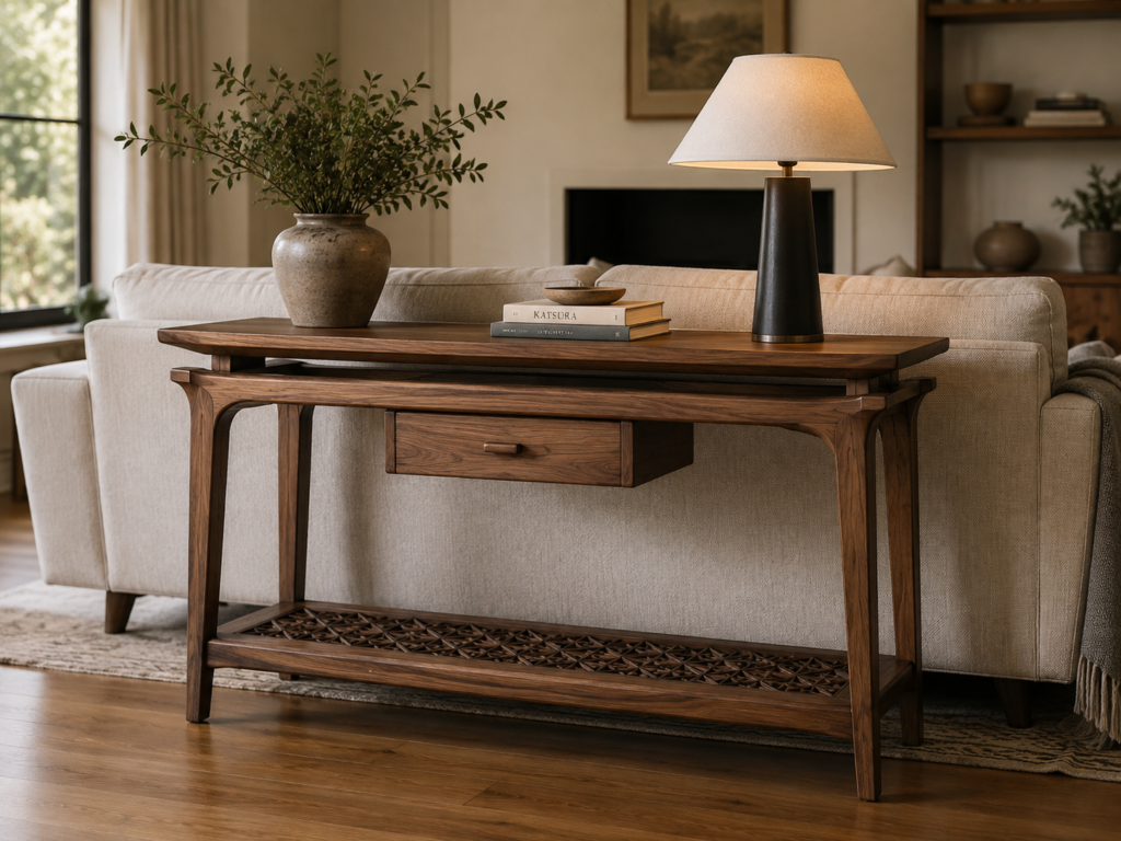 Custom walnut sofa table concept with drawer and decorative lower shelf.