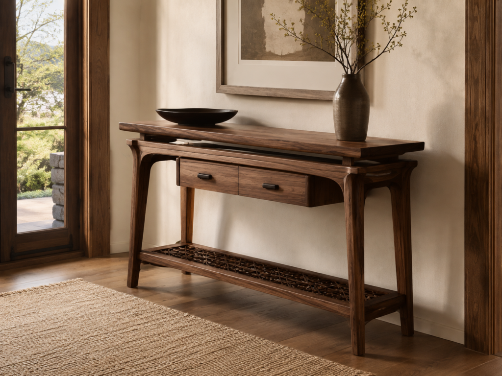 Custom walnut entry table concept with drawers and decorative lower shelf.