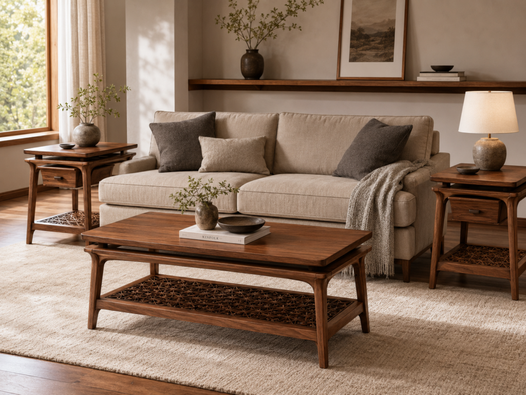 Custom walnut living room furniture concept with matching end tables and coffee table.