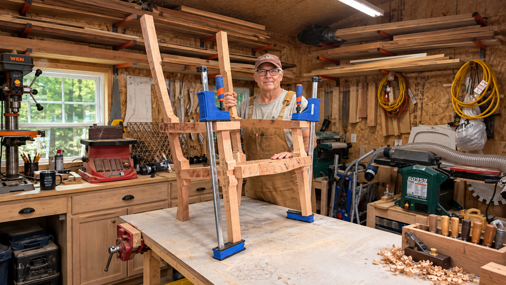 Craftsman working on a sculpted chair in the Hynek Fine Woodworking shop